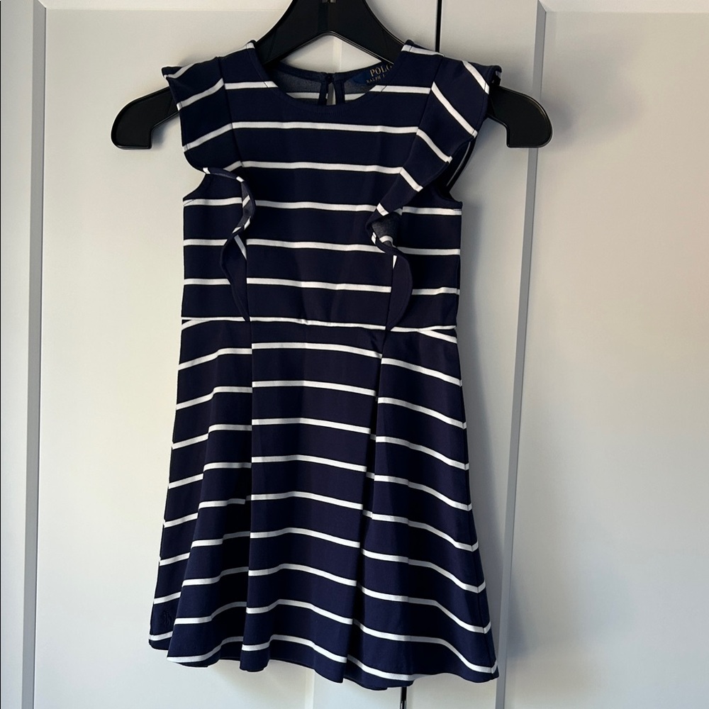 Polo Ralph Lauren Navy and White Striped Kids’ Dress with Ruffle Detail, Size 6